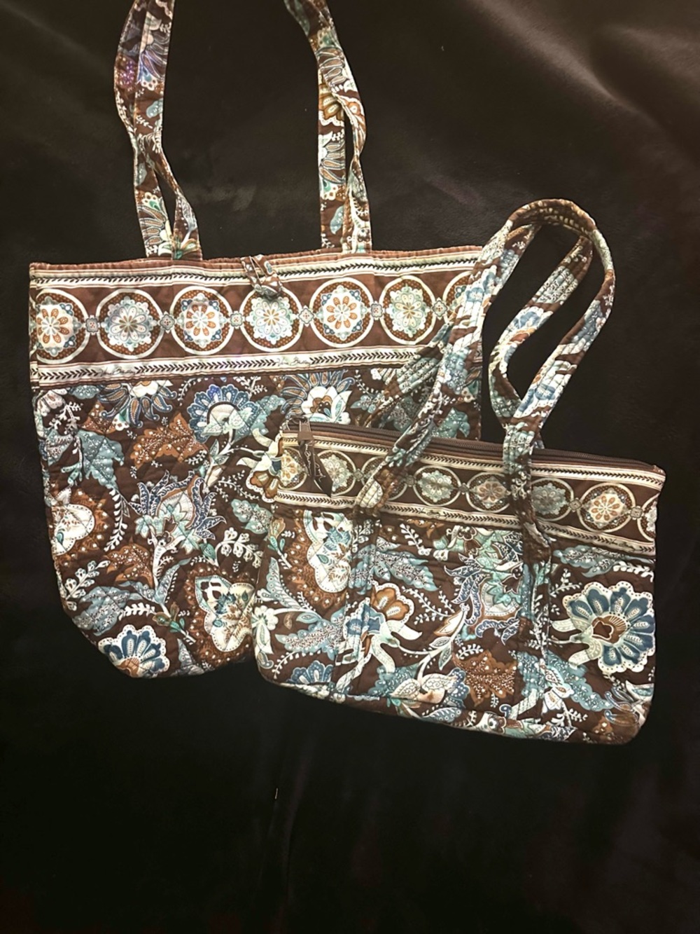 Vera Bradley Bundle-TWO Quilted Brown & Teal Floral Tote Bags